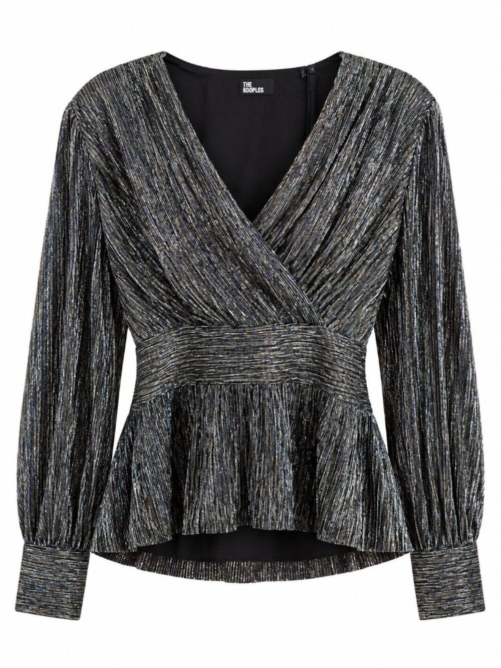 The Kooples Metallic Silver Peplum Top With Long Sleeves & Wrap Front Design Siz